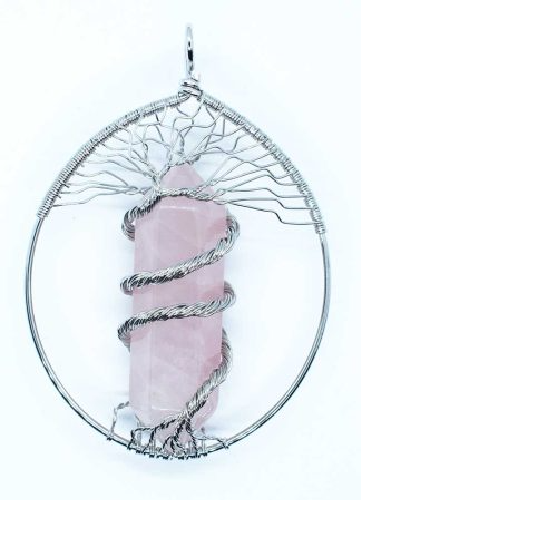 Oval Tree of Life wired Wand Rose Quartz  Pendant