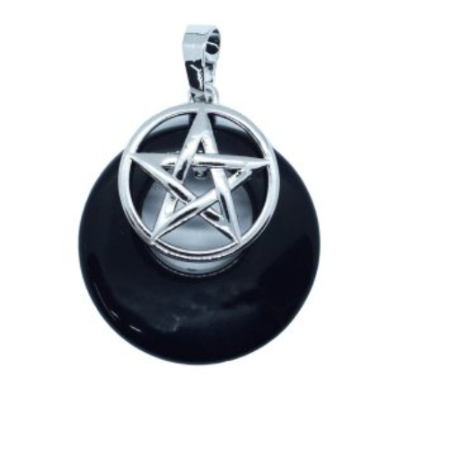 Pentagram on Obsidian Donut  Pendant